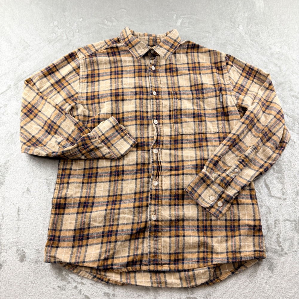Eddie Bauer Men's Medium Long Sleeve Plaid Flannel Button Down Shirt Brown Tan